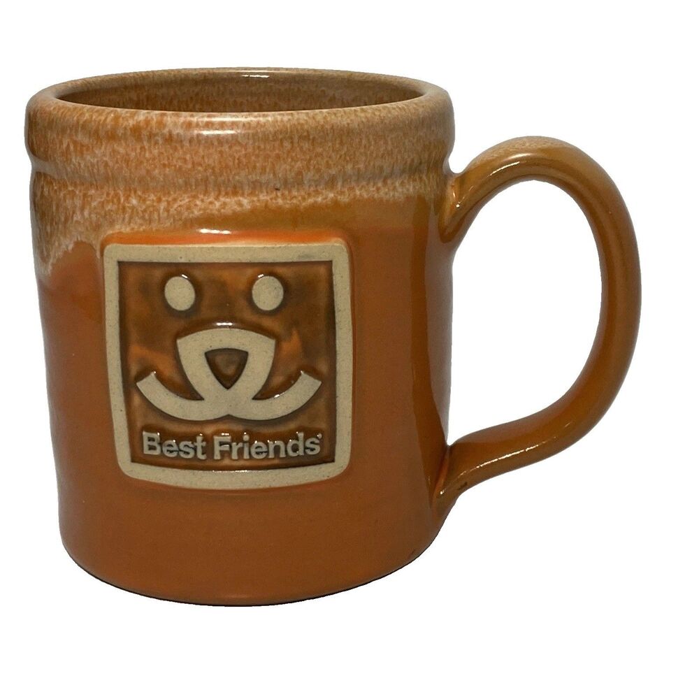 Deneen Pottery Hand Thrown Mug Best Friends Pup Dog Orange Drip Glaze Stoneware